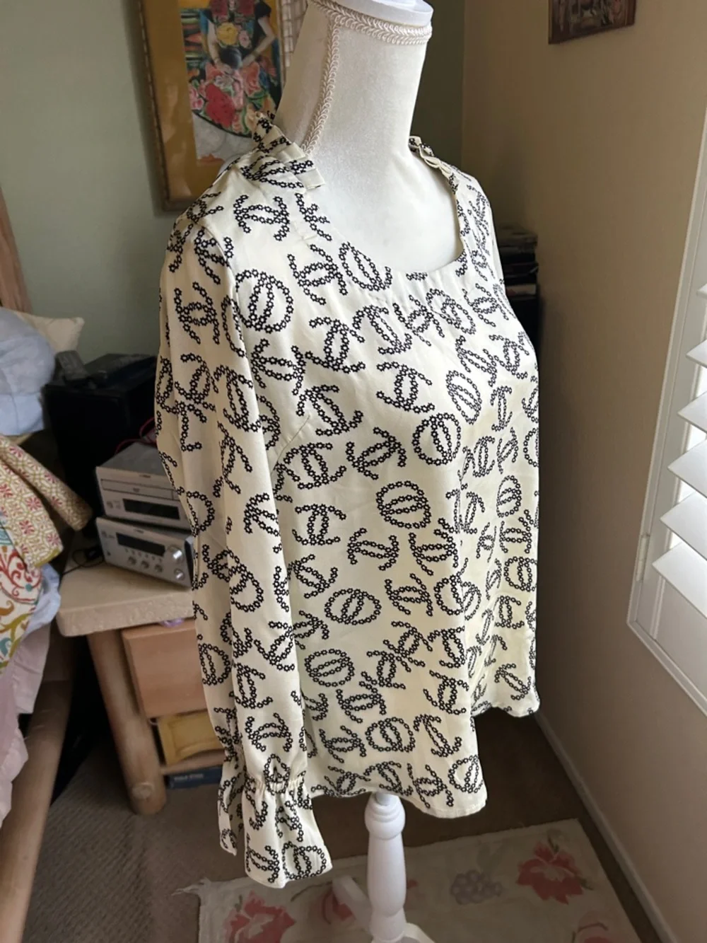 CHANEL Cream and Black CC Print Long Sleeve Top - Picture 6 of 14